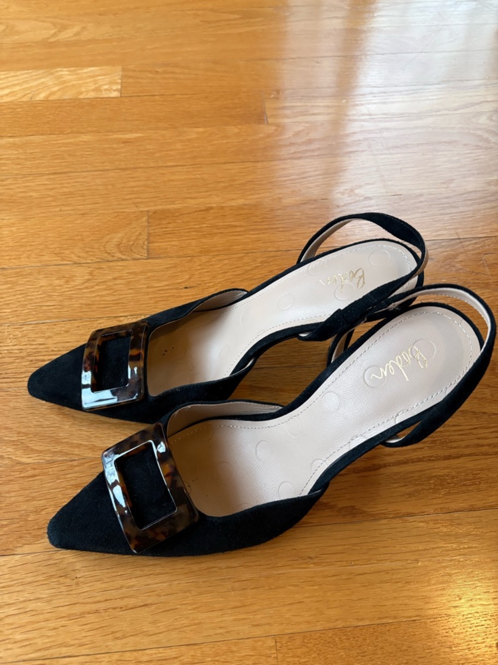 Boden Black Suede Pointed Slingback Heels with Tortoiseshell Buckle Accent